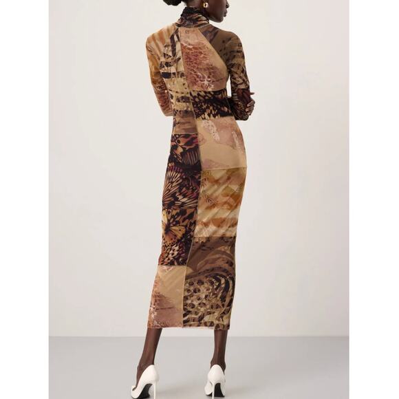 Fuzzi Patchwork Mesh Midi Dress SMALL Slinky Bodycon Designer Mockneck $700 - Picture 3 of 14